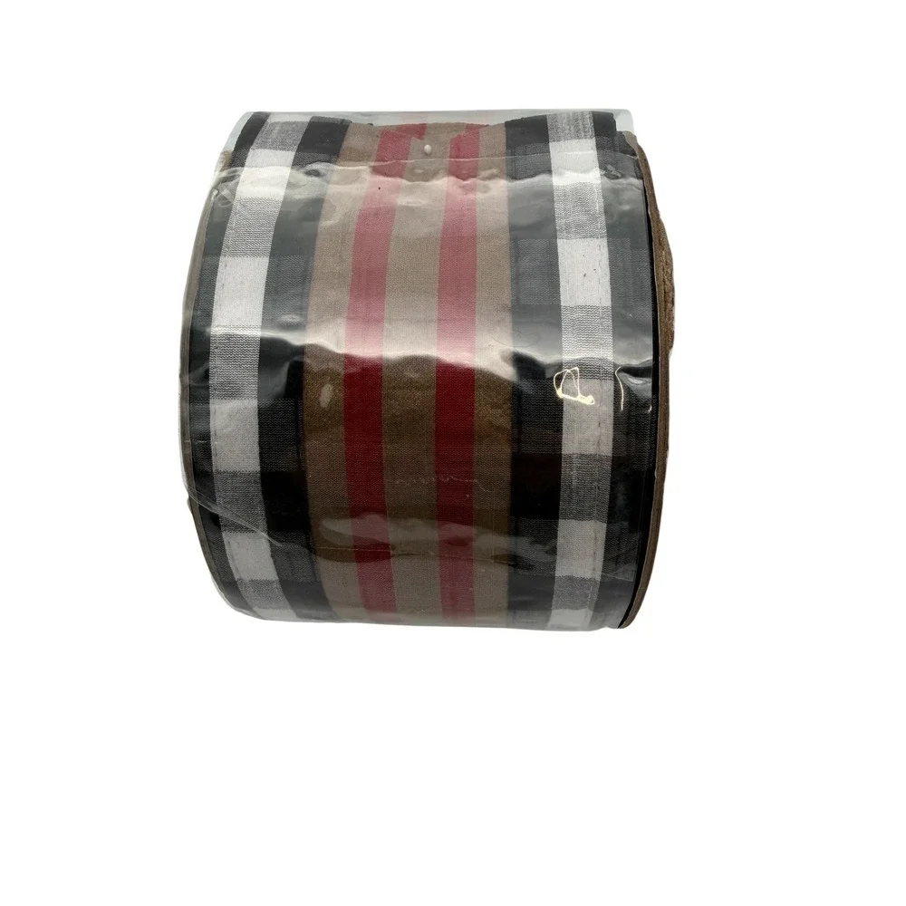 D. Stevens Fine Ribbon 4in x 10yds‎ Wired Plaid Stripe Black Red Tan New Rare